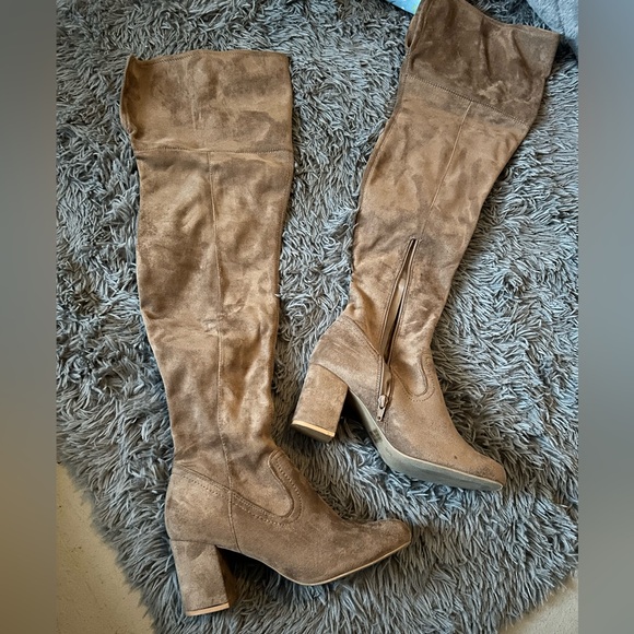 Women's Taupe Suede Knee-High Boots - Picture 1 of 6
